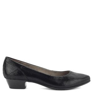 Fekete bőr Jana cipő strukturált felsőrésszel, kb 3 cm magas sarokkal. Hajlékony gumi talpa és H szélességű talpa garancia a kényelemre.