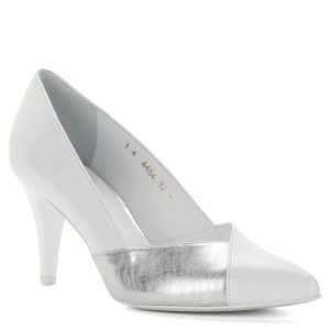 Anis fehér alkalmi cipő. Elegáns hegyes orrú fazon 8 cm magas sarokkal. Orrán ezüst betét található. Menyasszonyi cipőnek is ajánljuk.