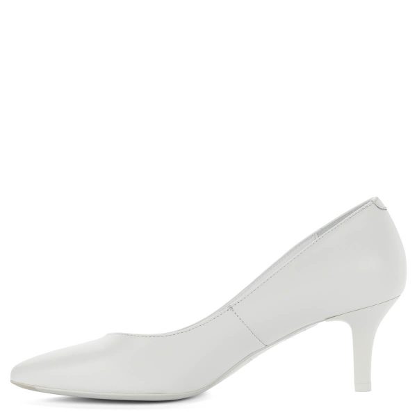 Fehér Kotyl cipő közepes sarokkal. Elegáns körömcipő 6 cm magas sarokkal. Akár menyasszonyi cipőnek is ajánljuk. Bélése és felsőrésze egyaránt bőr.