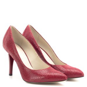 Anis alkalmi cipő piros színben 9 cm magas sarokkal, hegyes orral, különleges texturált felületű bőrből, bőr béléssel. Elegáns női cipő.