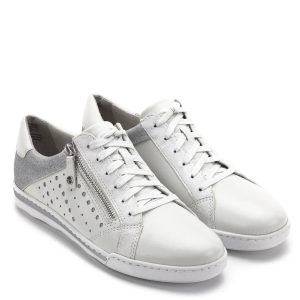 Tamaris cipő fehér színben, ezüstös csillogó részekkel. Fűzős cipő, mely memóriahabos Tamaris Touch It talpbéléssel készült, külső oldalán cipzár könnyíti a felvételt. A Tamaris tavasz/nyár kollekciójának egy nagyon kényelmes és jól kihasználható darabja - Tamaris 1-23619-22 100