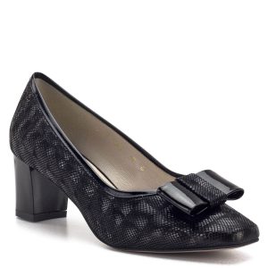 Anis cipő 5,5 cm-es sarokkal, fekete színben, masni díszítéssel. 3D mintázatú bőrből készült, bőr béléssel. Elegáns női cipő stabil sarokkal. - Anis cipő 3567 BLACK 3D