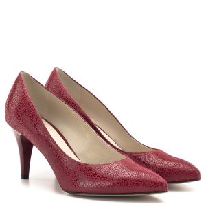 Anis cipő piros, mintás bőr felsőrésszel, 7,5 cm magas sarokkal. Elegáns piros körömcipő, sarka kényelmes, a talpív kialakításának köszönhetően hosszabb távon is hordható. - Anis 4372 RED PANTER