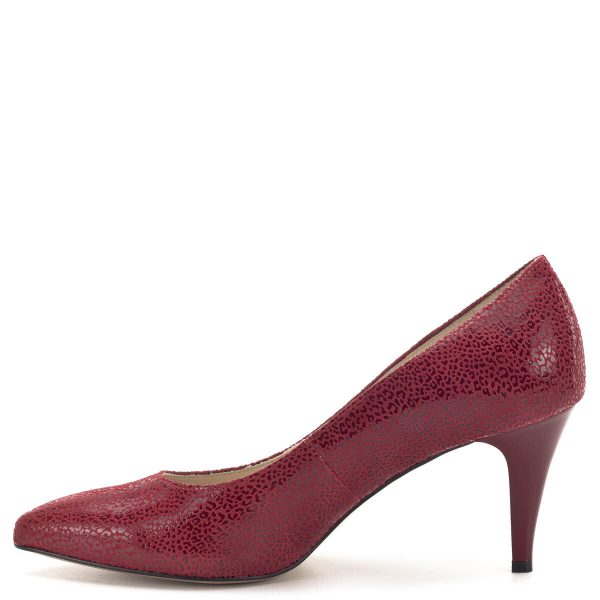 Anis cipő piros, mintás bőr felsőrésszel, 7,5 cm magas sarokkal. Elegáns piros körömcipő, sarka kényelmes, a talpív kialakításának köszönhetően hosszabb távon is hordható. - Anis 4372 RED PANTER