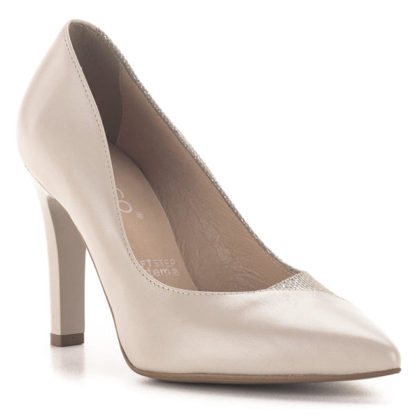 Bioeco márkájú elegáns magassarkú cipő 9 cm-es sarokkal, bézs színben, kívül-belül bőrből.