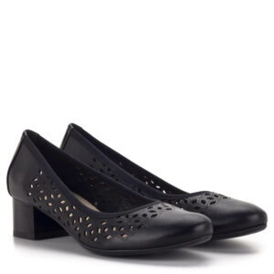 Bioeco női cipő lézeres mintával, fekete színben. Sarka 4 cm magas, stabil, kényelmes