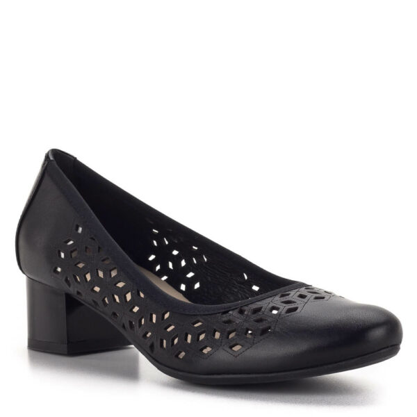 Bioeco női cipő lézeres mintával, fekete színben. Sarka 4 cm magas, stabil, kényelmes