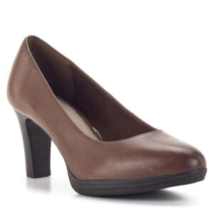 Tamaris magassarkú cipő barna színben, enyhén emelt platformos talppal. Anyaga bőr, sarka 7,5 cm.