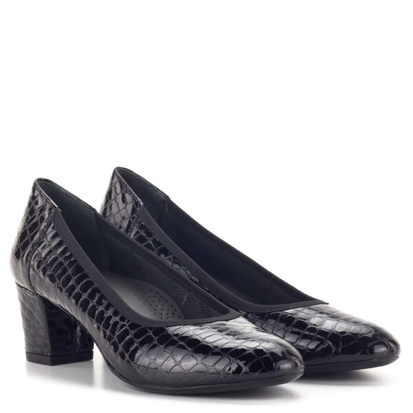 Softmode elegáns női magassarkú cipő fekete színben, komfort talpbetéttel, krokkó bőr felsőrésszel.