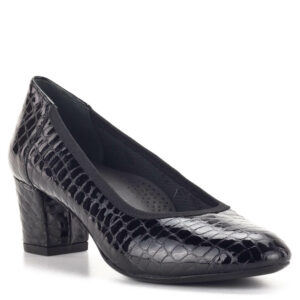Softmode elegáns női magassarkú cipő fekete színben, komfort talpbetéttel, krokkó bőr felsőrésszel.