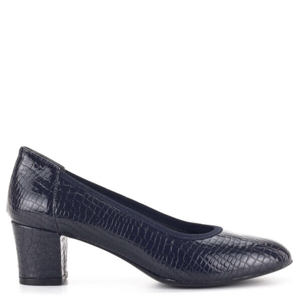 Softmode női magassarkú cipő kék színben, komfort talpbetéttel, krokkó mintás bőr felsőrésszel. Elegáns, stabil, elegáns fazonú kényelmes női cipő.