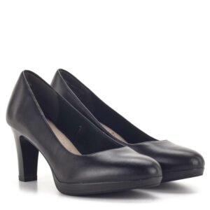 Tamaris magassarkú cipő fekete színben, enyhén emelt platformos talppal. Anyaga bőr, sarka 7,5 cm.