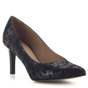 Anis cipő fekete színben, mintás felületű bőrből. Sarka 7,5 cm magas, bélése bőr. Elegáns női alkalmi cipő