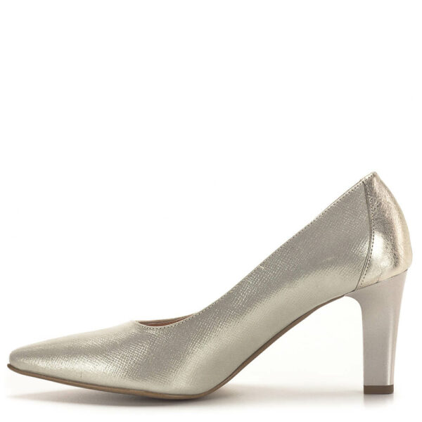 Bioeco cipő bőrből, bőr béléssel, arany színben. Elegáns női cipő 7,5 cm-es stabil sarokkal.