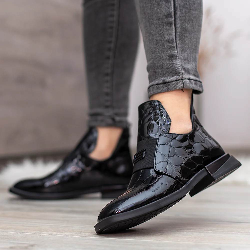 Evromoda női bőr bokacipő lakk bőrből - Evromoda 049-1738-64 T BLACK