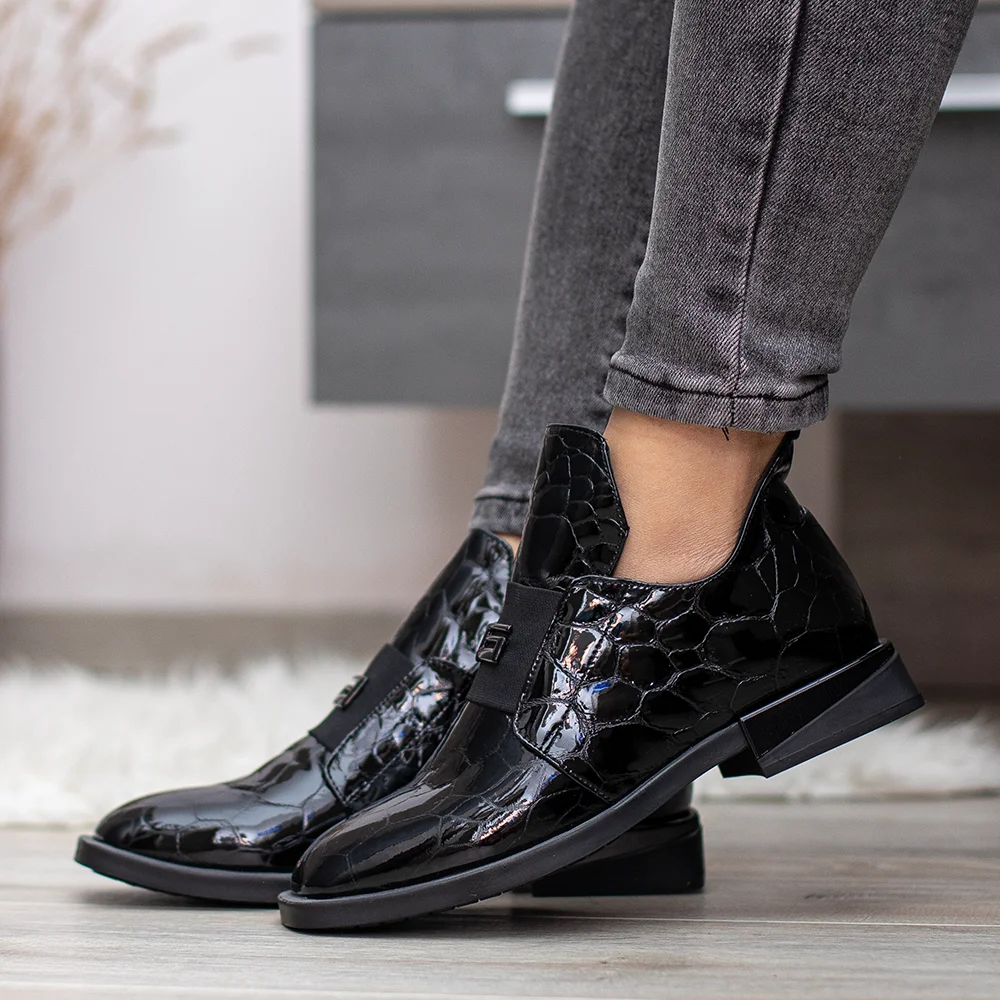 Evromoda női bőr bokacipő lakk bőrből - Evromoda 049-1738-64 T BLACK